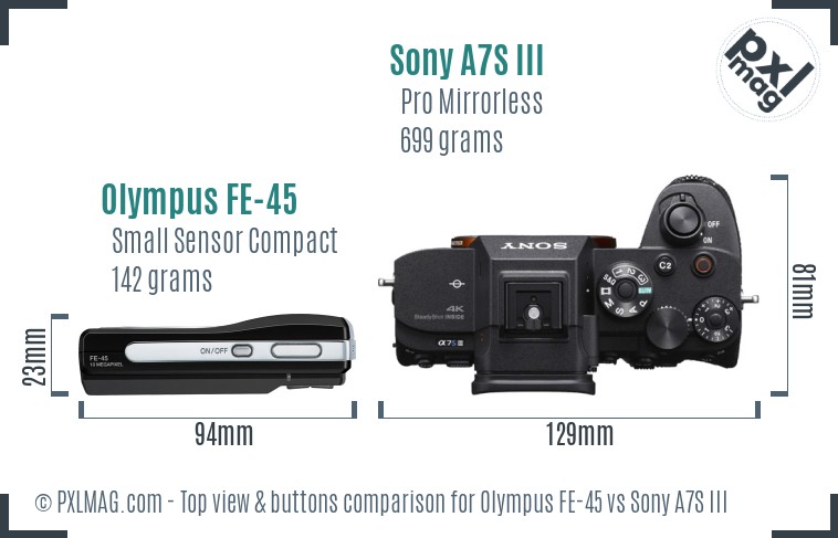 Olympus FE-45 vs Sony A7S III top view buttons comparison