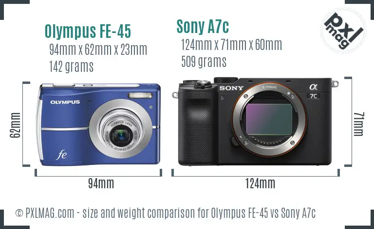 Olympus FE-45 vs Sony A7c size comparison