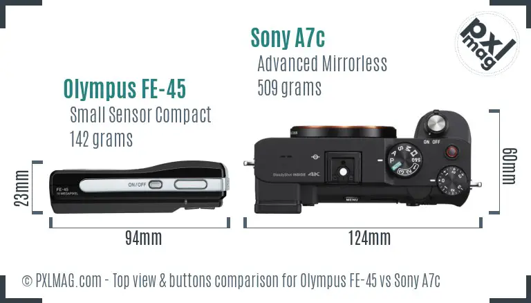 Olympus FE-45 vs Sony A7c top view buttons comparison