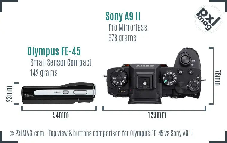 Olympus FE-45 vs Sony A9 II top view buttons comparison