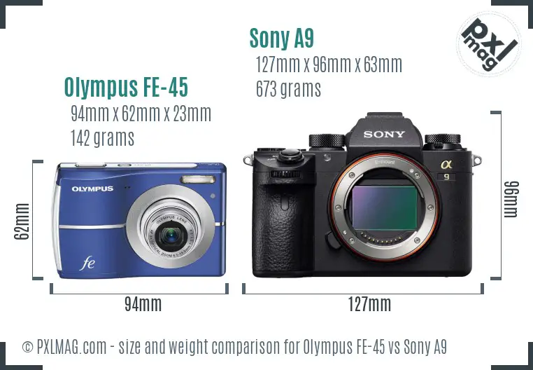 Olympus FE-45 vs Sony A9 size comparison