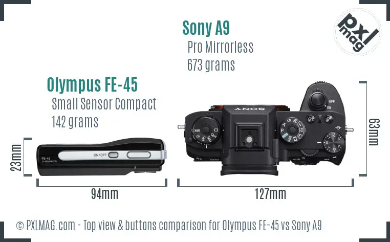 Olympus FE-45 vs Sony A9 top view buttons comparison