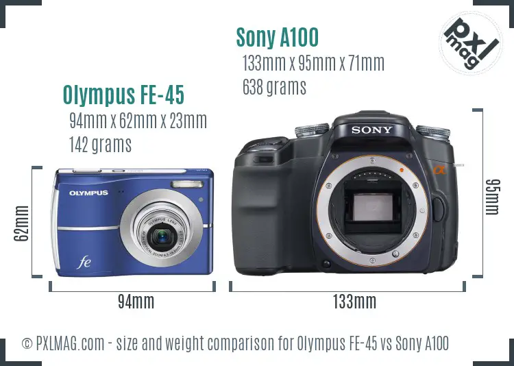 Olympus FE-45 vs Sony A100 size comparison