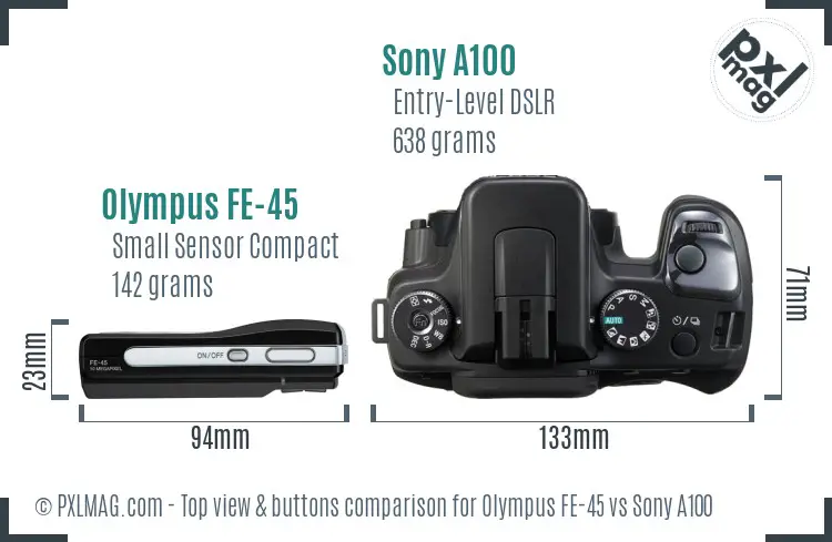 Olympus FE-45 vs Sony A100 top view buttons comparison