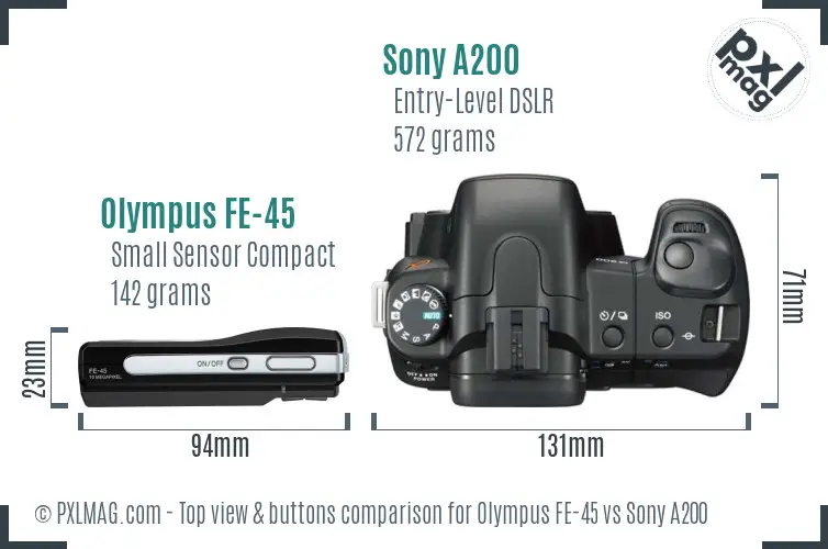 Olympus FE-45 vs Sony A200 top view buttons comparison