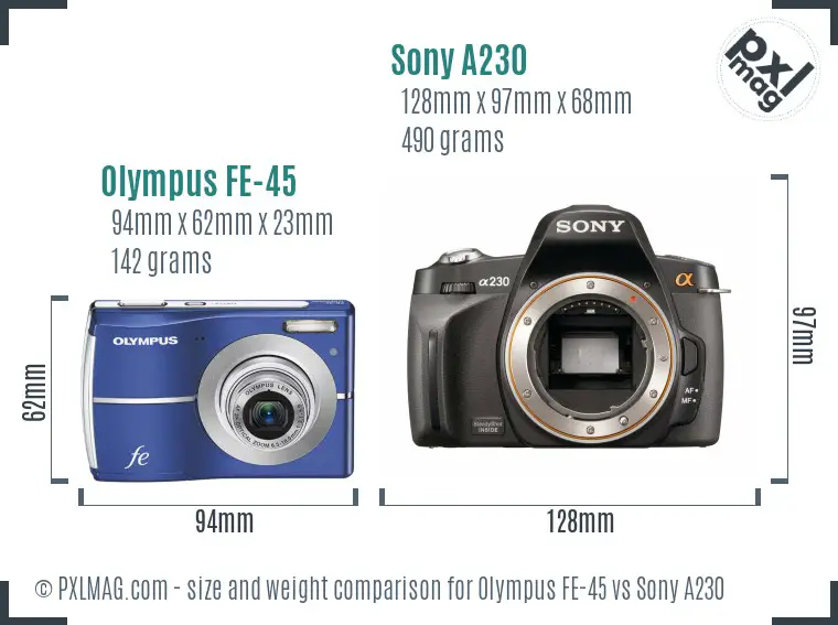 Olympus FE-45 vs Sony A230 size comparison