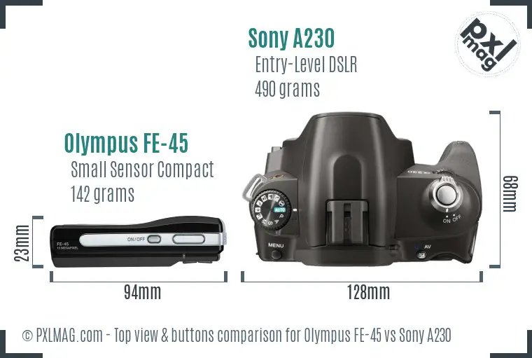 Olympus FE-45 vs Sony A230 top view buttons comparison