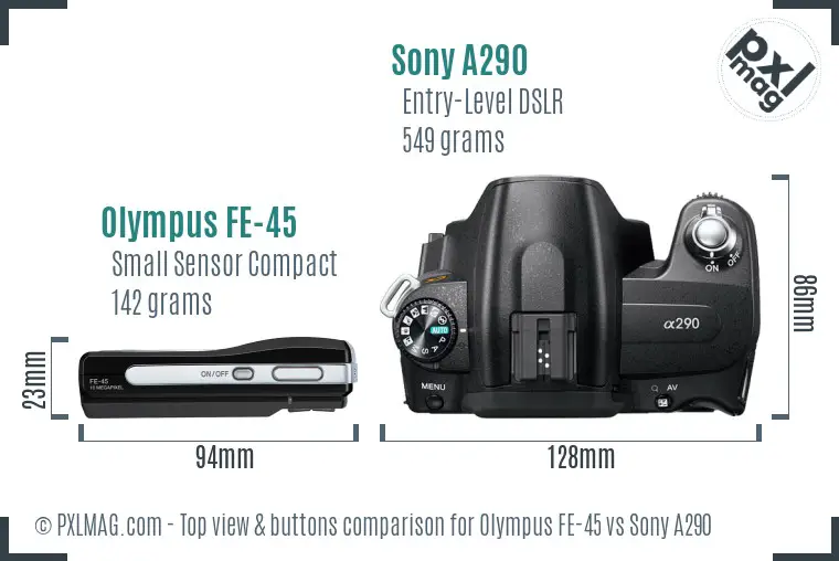 Olympus FE-45 vs Sony A290 top view buttons comparison