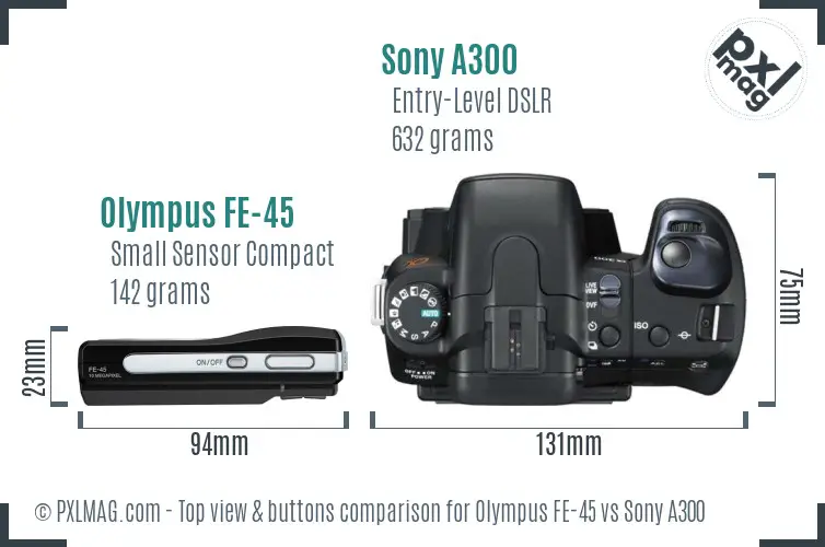 Olympus FE-45 vs Sony A300 top view buttons comparison