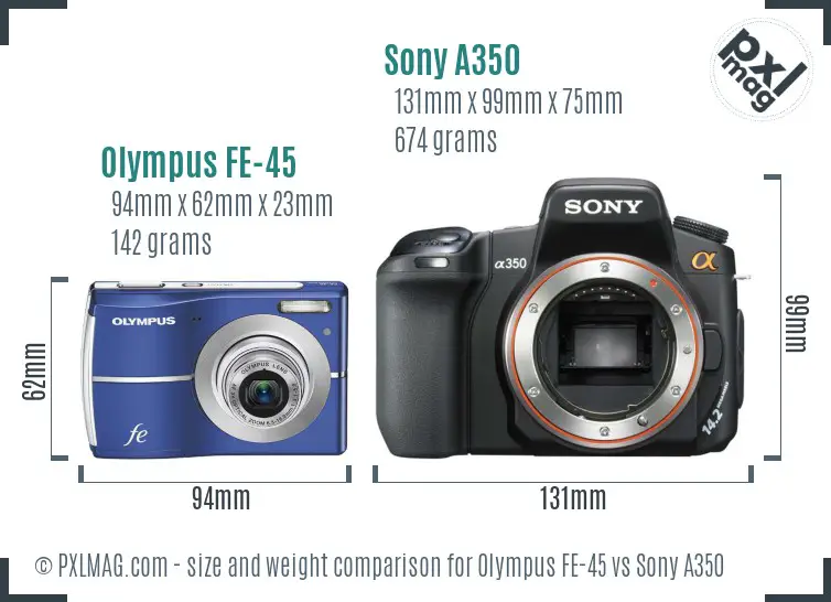 Olympus FE-45 vs Sony A350 size comparison