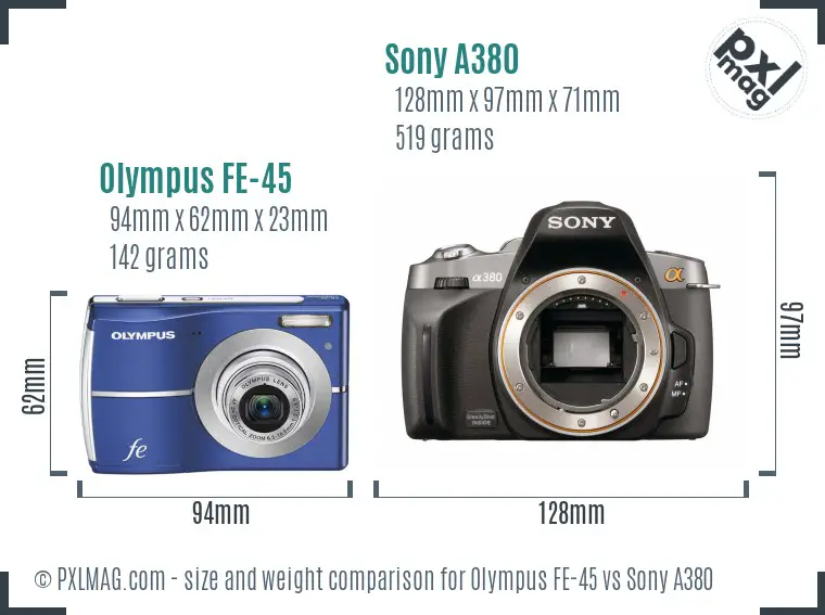 Olympus FE-45 vs Sony A380 size comparison