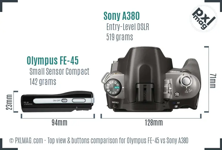 Olympus FE-45 vs Sony A380 top view buttons comparison