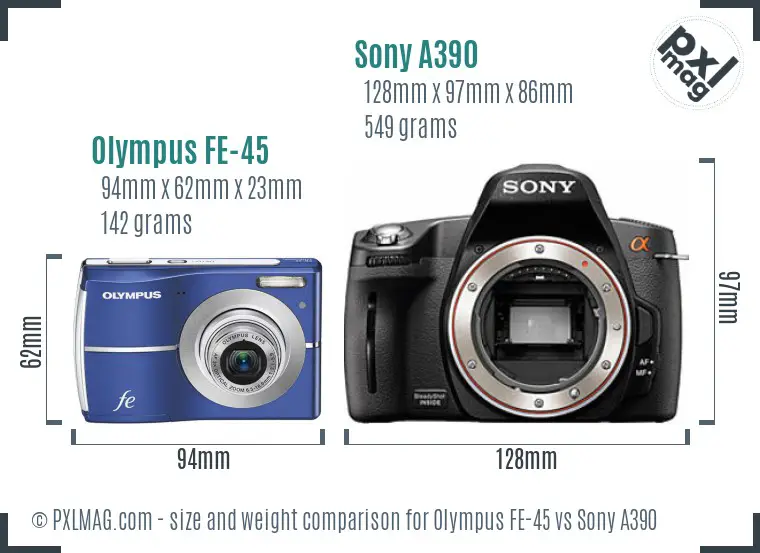 Olympus FE-45 vs Sony A390 size comparison