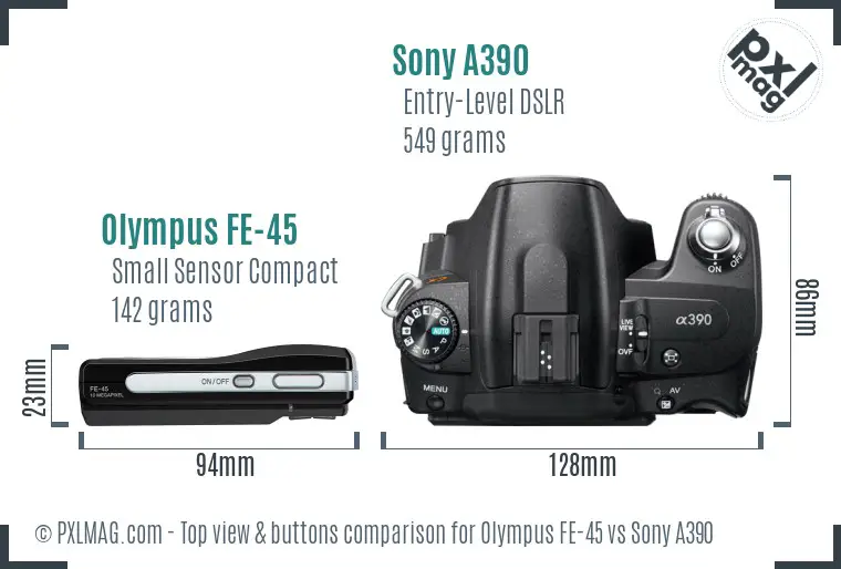 Olympus FE-45 vs Sony A390 top view buttons comparison