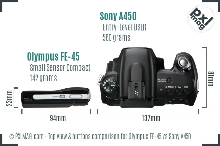 Olympus FE-45 vs Sony A450 top view buttons comparison