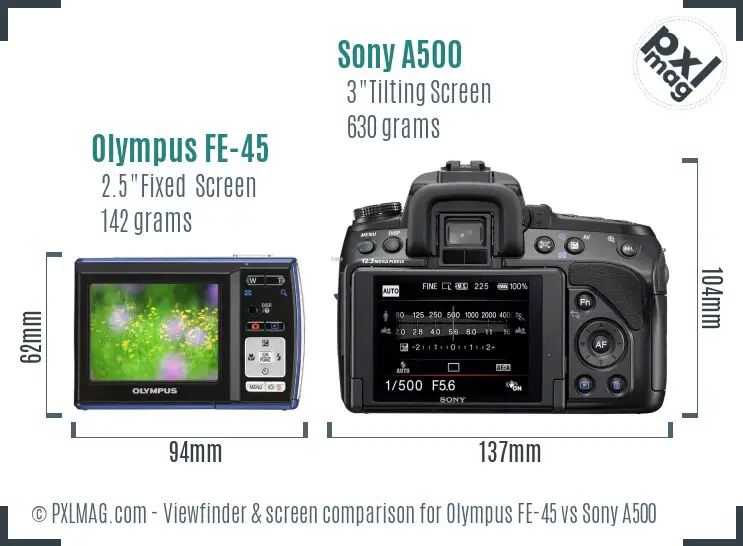 Olympus FE-45 vs Sony A500 Screen and Viewfinder comparison