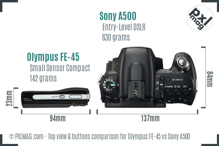 Olympus FE-45 vs Sony A500 top view buttons comparison