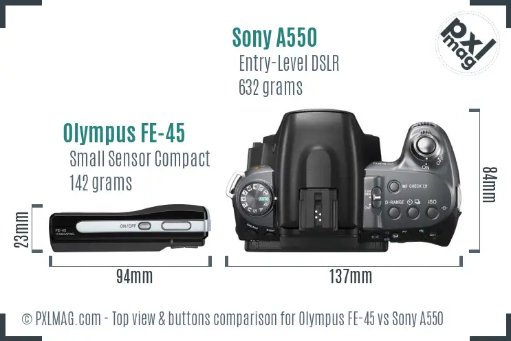 Olympus FE-45 vs Sony A550 top view buttons comparison