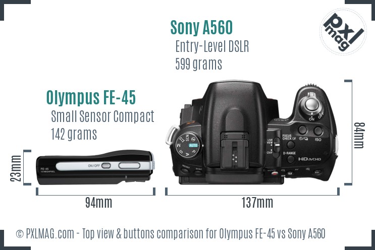 Olympus FE-45 vs Sony A560 top view buttons comparison