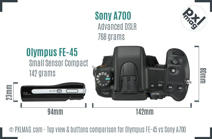 Olympus FE-45 vs Sony A700 top view buttons comparison