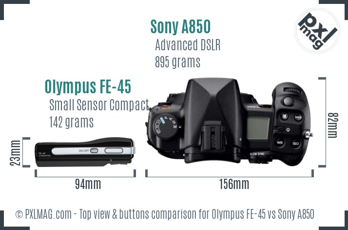 Olympus FE-45 vs Sony A850 top view buttons comparison