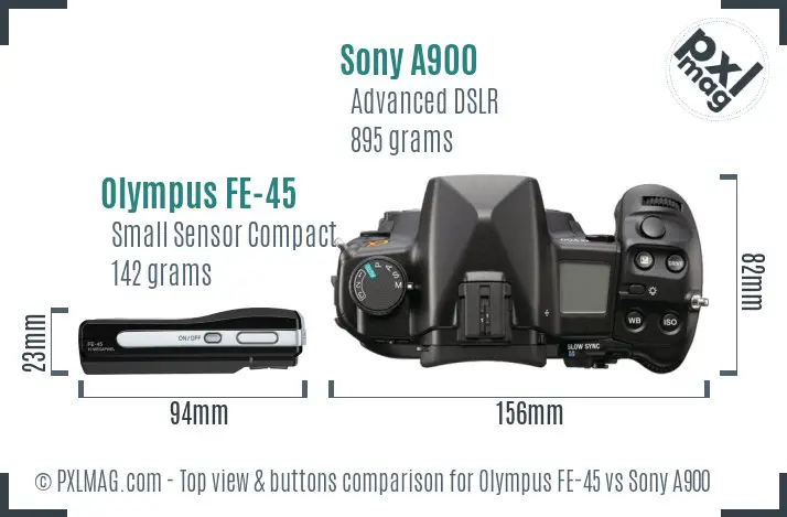 Olympus FE-45 vs Sony A900 top view buttons comparison