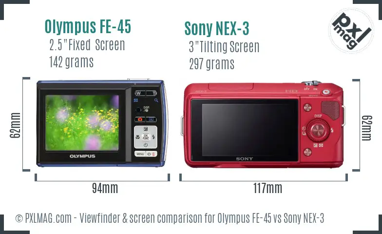 Olympus FE-45 vs Sony NEX-3 Screen and Viewfinder comparison