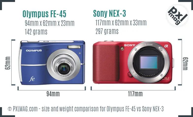 Olympus FE-45 vs Sony NEX-3 size comparison