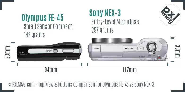 Olympus FE-45 vs Sony NEX-3 top view buttons comparison