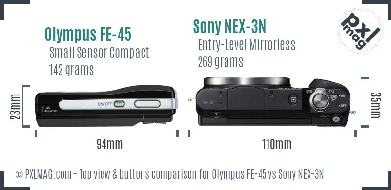 Olympus FE-45 vs Sony NEX-3N top view buttons comparison