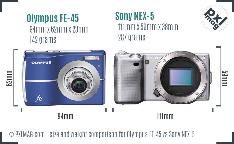 Olympus FE-45 vs Sony NEX-5 size comparison