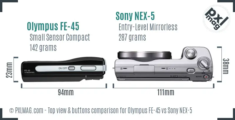 Olympus FE-45 vs Sony NEX-5 top view buttons comparison