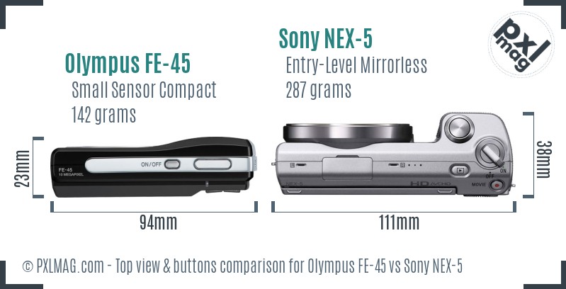 Olympus FE-45 vs Sony NEX-5 top view buttons comparison