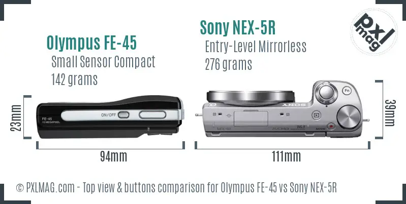 Olympus FE-45 vs Sony NEX-5R top view buttons comparison