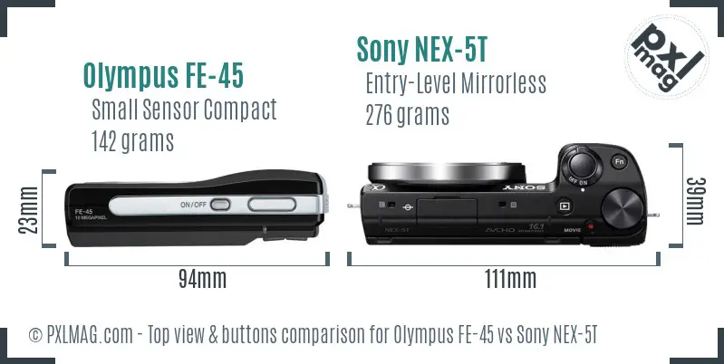 Olympus FE-45 vs Sony NEX-5T top view buttons comparison