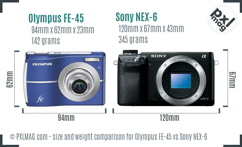 Olympus FE-45 vs Sony NEX-6 size comparison