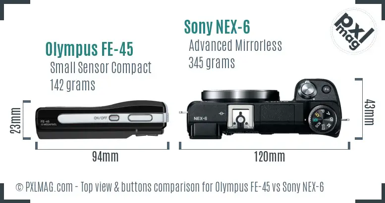 Olympus FE-45 vs Sony NEX-6 top view buttons comparison