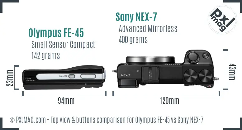 Olympus FE-45 vs Sony NEX-7 top view buttons comparison