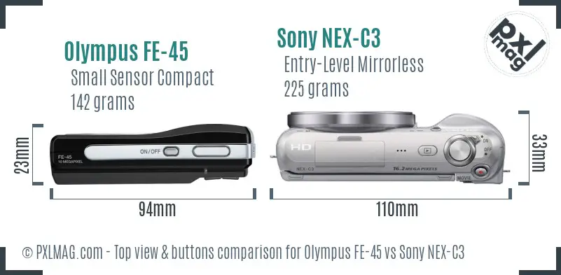 Olympus FE-45 vs Sony NEX-C3 top view buttons comparison