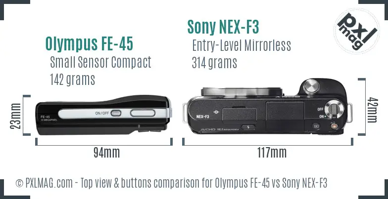 Olympus FE-45 vs Sony NEX-F3 top view buttons comparison