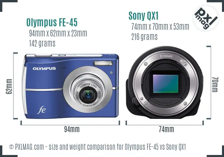Olympus FE-45 vs Sony QX1 size comparison