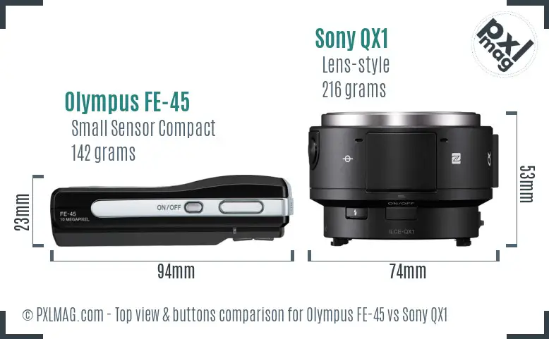 Olympus FE-45 vs Sony QX1 top view buttons comparison