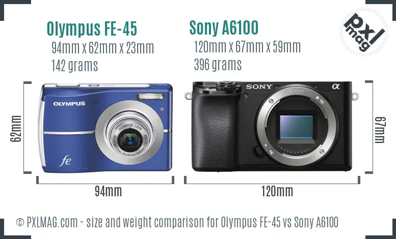 Olympus FE-45 vs Sony A6100 size comparison