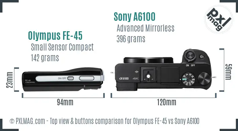 Olympus FE-45 vs Sony A6100 top view buttons comparison
