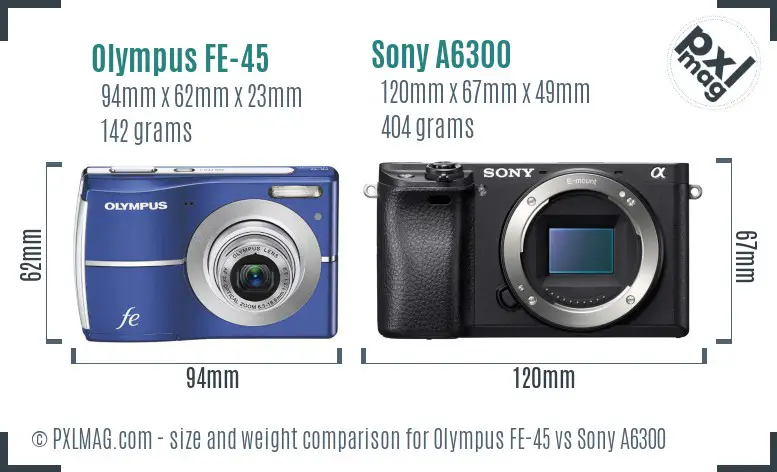 Olympus FE-45 vs Sony A6300 size comparison