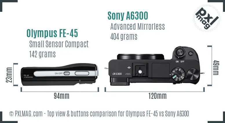 Olympus FE-45 vs Sony A6300 top view buttons comparison