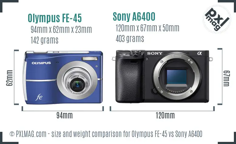 Olympus FE-45 vs Sony A6400 size comparison