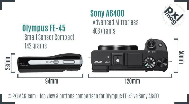 Olympus FE-45 vs Sony A6400 top view buttons comparison