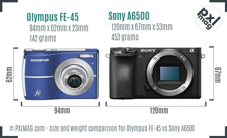Olympus FE-45 vs Sony A6500 size comparison
