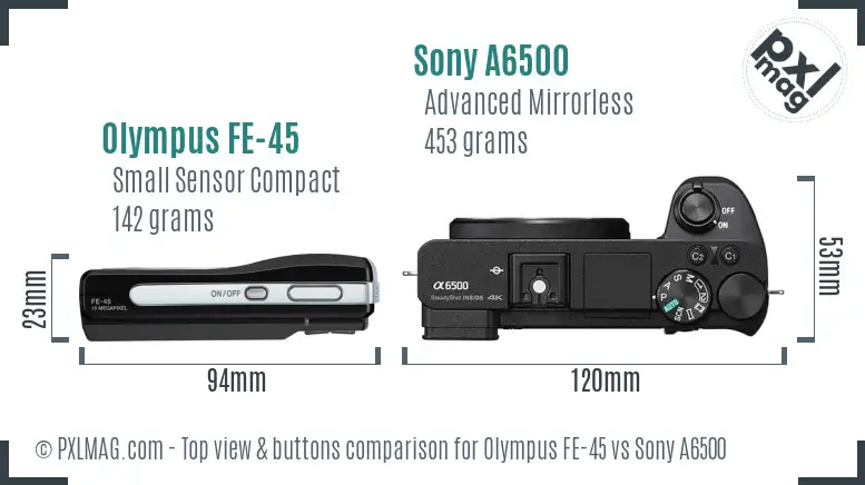 Olympus FE-45 vs Sony A6500 top view buttons comparison